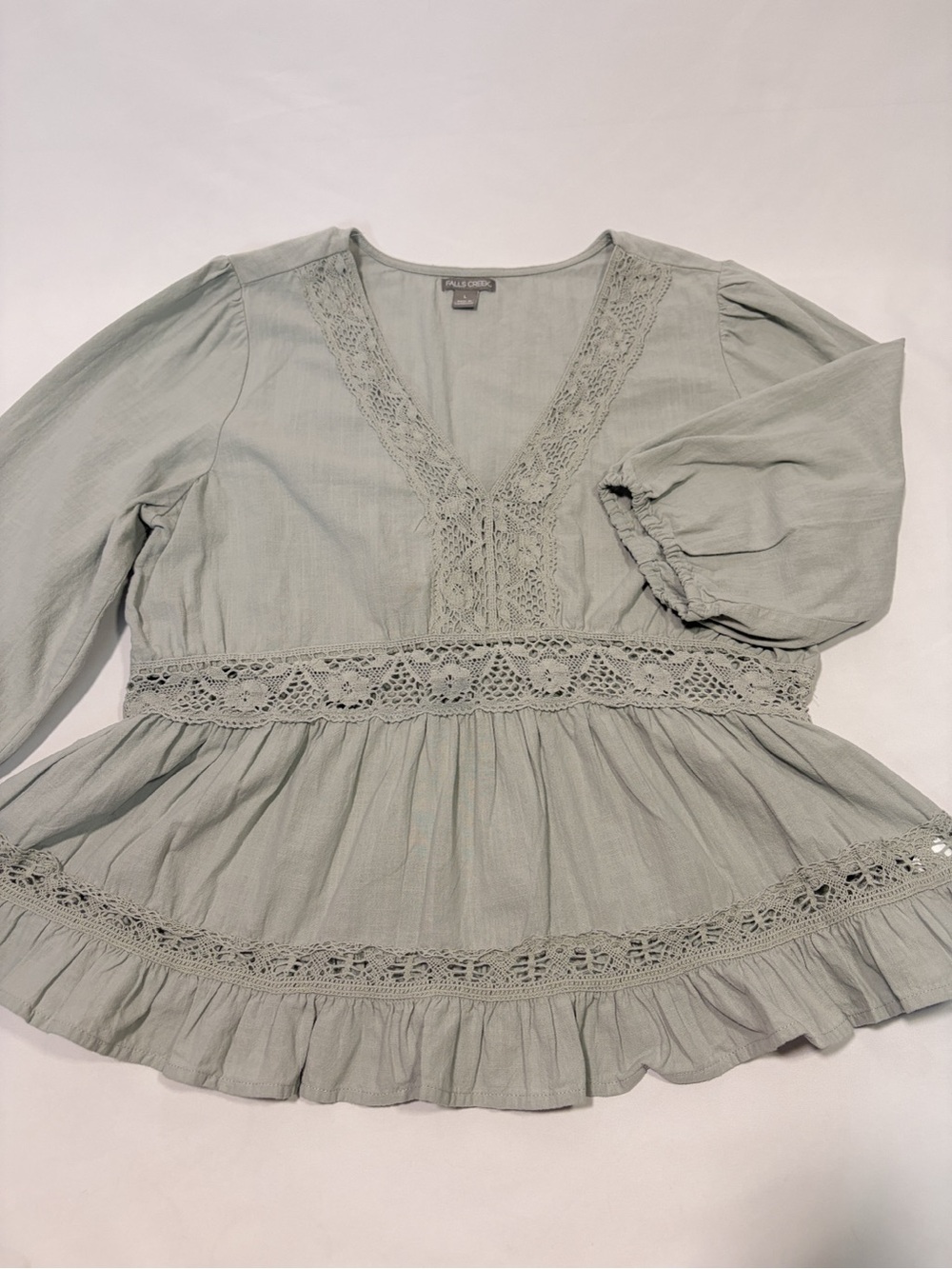 Falls Creek Light Sage Lace Trim Peasant Blouse